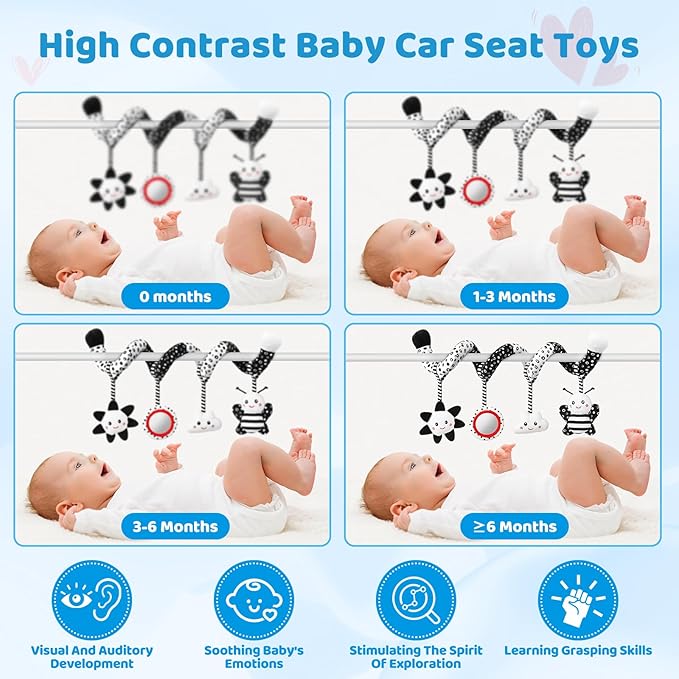 Car Seat Toys Hanging and Stroller Toys for Babies 0-6 Months，High Contrast Baby Toys for Newborn 0 3 Months Brain Development,Black and White Baby Toys for Crib Mobile，Infant Ideal Gift-CubbioJoy