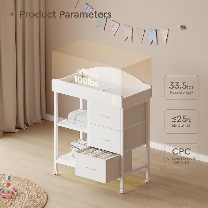 Changing Table Dresser, Baby Dresser with 3 Fabric Drawers and 2 Shelves, Multi-Functional Baby Changing Table with Pad, Classic Nursery Dresser, Diaper Changing Station for Nursery, White-CubbioJoy