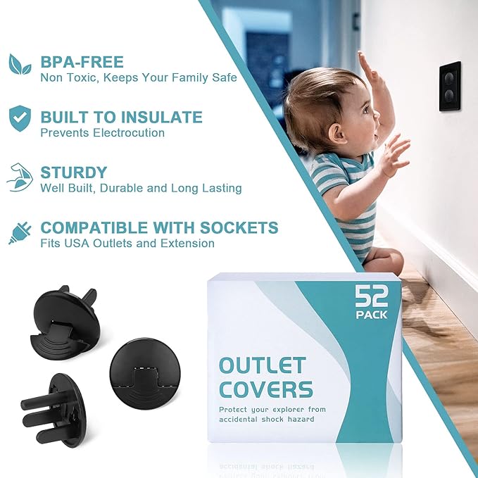 52 Pack Black Safety Outlet Covers Baby Proofing, Electrical Socket Outlet Plugs 3-Prong Child Proof for Kids House-CubbioJoy