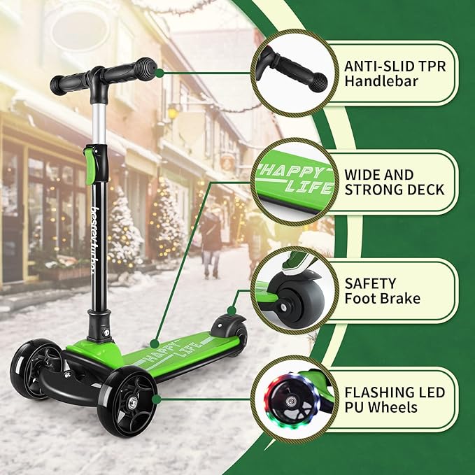 Besrey Kick Scooter for Kids Ages 3-10, 3-Wheel Folding Scooter with Adjustable Height, LED Light Wheels, Extra Wide Deck for Outdoor Activities-CubbioJoy