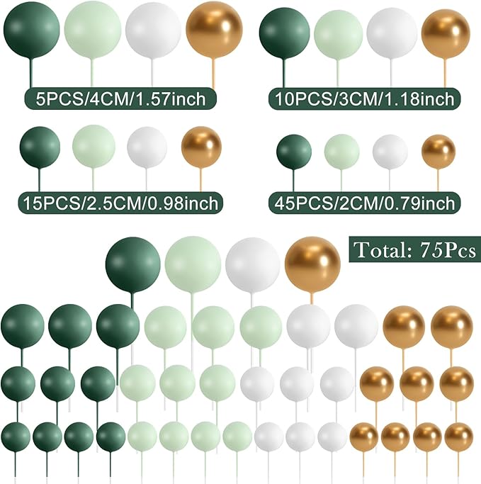 75 Pcs Cake Balls Topper Decorations Foam Cupcake Topper Mini Balloon Cake Topper Balls Cake Picks for Cake Deco Birthday Party Wedding（Green,Gold, White）-CubbioJoy