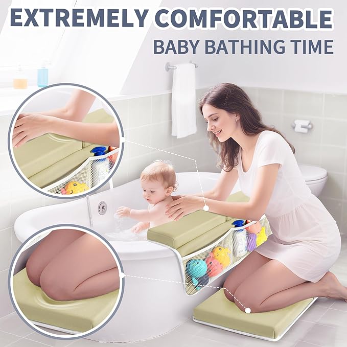 URMYWO Bath Kneeler and Elbow Rest Pad Set - 1.5" Thick Baby Bath Kneeler Pads with Toys Organizer, Anti-Slip Cozy Knee & Arm Support Bathtub Mat, Quick Dry Kneeling Pad for Baby Bath Time-CubbioJoy