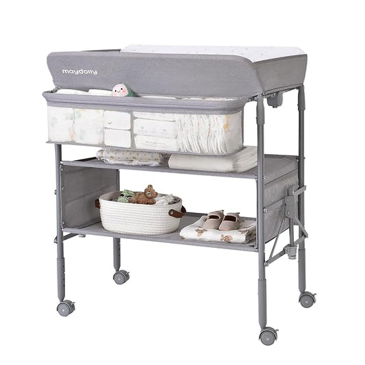 Baby Changing Table with Wheels, Maydolly Portable Foldable Changing Table, Waterproof Diaper Changing Station, Adjustable Height Changing Station, Mobile Nursery for Newborn and Infant (Grey)-CubbioJoy