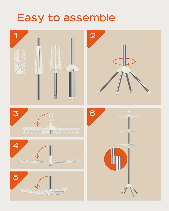 Clothes Drying Rack Foldable, 79.5 inch 3 Tier Laundry Drying Rack with Rotating Clothes Rail for 27 Pieces of Clothes and 24 Clips for Hanging Socks,Space Saving, White and Silver CDR003W01-CubbioJoy