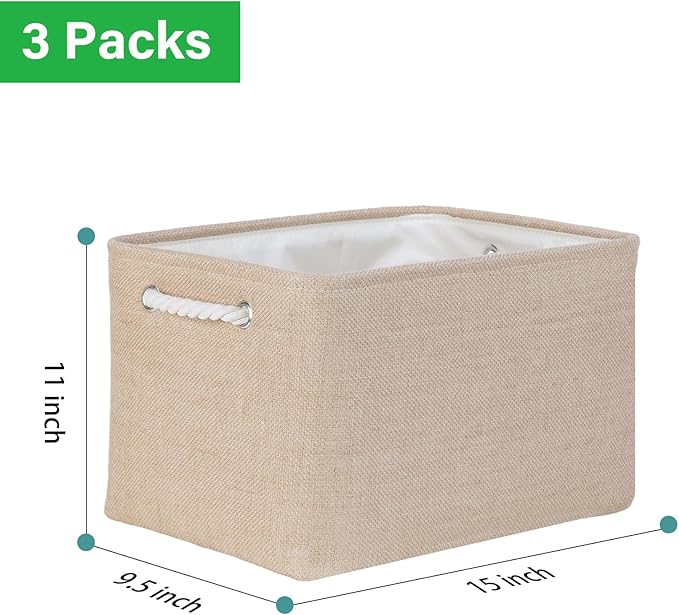 Bidtakay Large Storage Baskets for Shelves 3 Pack Fabric Storage Bins for Organizing Linen Collapsible Organizer for Closet-Flaxen-CubbioJoy