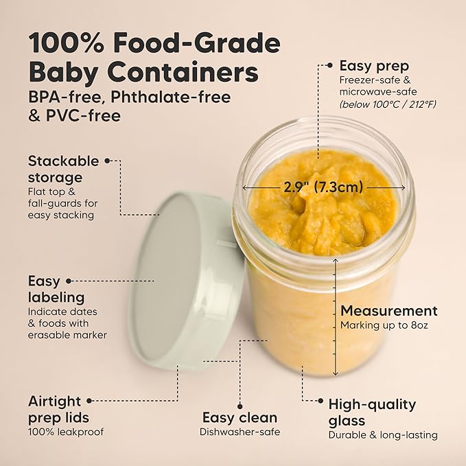 KeaBabies 4pk 8oz Glass Baby Food Containers with Lids - Leak-Proof, Microwavable Small Glass Jars, Baby Purees & Toddler Snack Storage Containers, BPA-Free, Dishwasher & Freezer Safe (Sage)-CubbioJoy