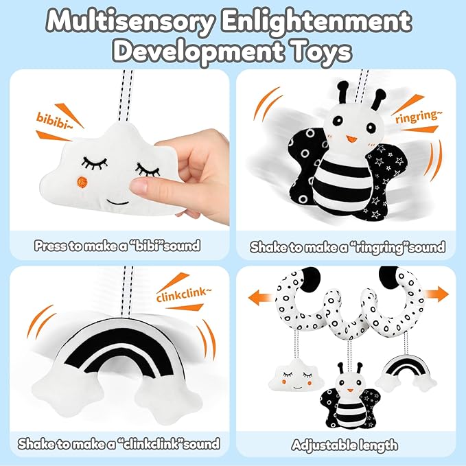 Car Seat Toy,Stroller Toys,Car Seat Toys for Babies 0-6 months Boy Girl,Spiral Hanging Stroller Black and White High Contrast Sensory Toy Newborn Plush Activity Toys Thank You Gifts for 0 3 6 9 Months-CubbioJoy