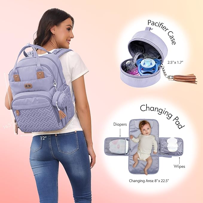 Dikaslon Diaper Bag Backpack with Portable Changing Pad, Pacifier Case and Stroller Straps, Large Unisex Baby Bags for Boys Girls, Multipurpose Travel Back Pack Moms Dads, Taro Purple-CubbioJoy