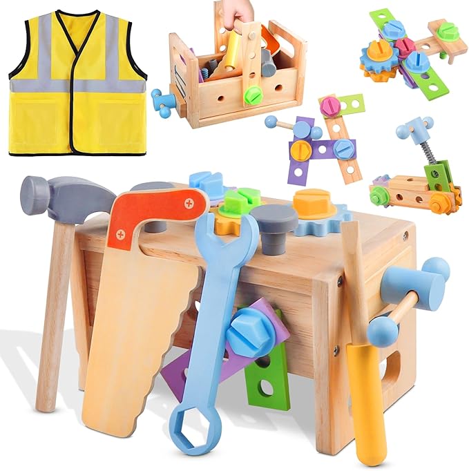 Aliex Wooden Kids Tool Set, 30pcs Toy Tools for Toddlers with Vest, Tool Kit Toddler Montessori Stem Learning Educational Toys for 3 4 5 Years Old Boys Girls, Birthday Gift for Kids-CubbioJoy