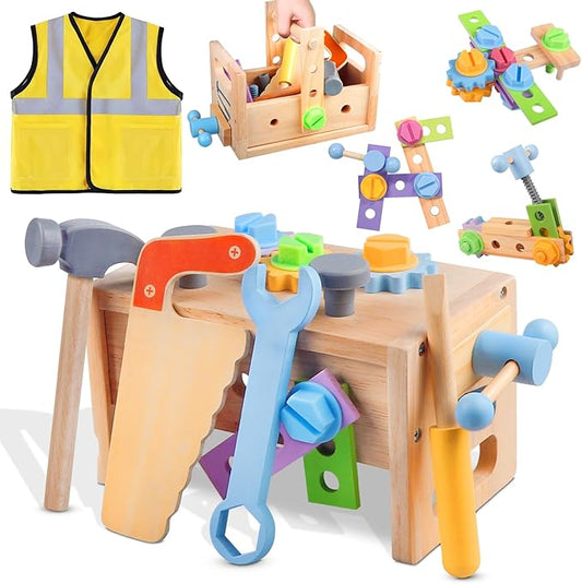 Aliex Wooden Kids Tool Set, 30pcs Toy Tools for Toddlers with Vest, Tool Kit Toddler Montessori Stem Learning Educational Toys for 3 4 5 Years Old Boys Girls, Birthday Gift for Kids-CubbioJoy