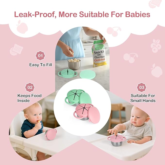 2 Pack Snack Cups for Toddlers Spill Proof - Detachable Stainless Steel Toddler Snack Cups with Silicone Lids & Handles - Dishwasher Safe Baby Snack Containers for Mess-Free Snacking (Green and Pink)-CubbioJoy