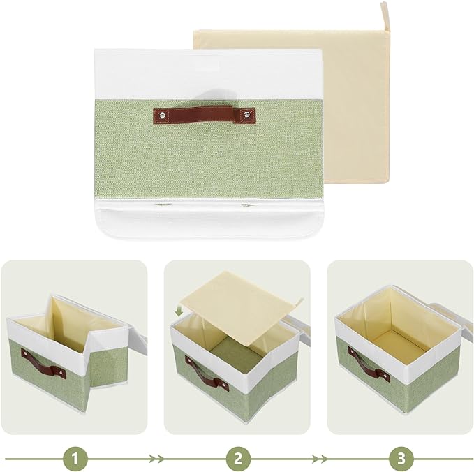ANMINY Storage Boxes with Lids Washable Decorative Storage Bins Basket with PU Leather Handle Foldable Linen Fabric Storage Cubes Containers for Home Closet Organizer - Green White, Large Size-CubbioJoy