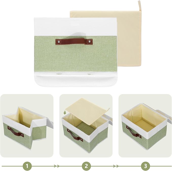 ANMINY Storage Boxes with Lids Washable Decorative Storage Bins Basket with PU Leather Handle Foldable Linen Fabric Storage Cubes Containers for Home Closet Organizer - Green White, Small Size-CubbioJoy