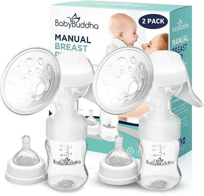 BabyBuddha Manual Breast Pump, Single Hand Expression Breastmilk Pump, Cordless and Portable, No Batteries or Power Needed, Soft Silicone Massage Cushion, BPA Free, Quiet, Dishwasher Safe, 2 Pack-CubbioJoy