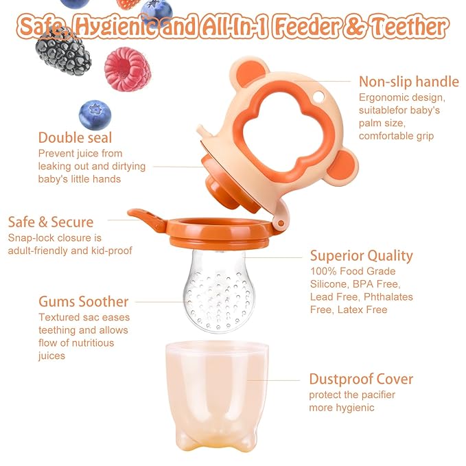Baby Fruit Food Feeder - Silicone Nibble Tray Combo - Breastmilk Popsicle Mold for Cooling Relief, BPA Free Mesh Feeder for Infant Self Feeding (Monkey Orange + Pineapple)-CubbioJoy