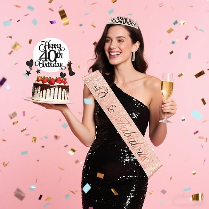 40th Birthday Decorations for Women - 56pcs Rose Gold Happy 40th Banner, 40th Birthday Crown Sash, Cake Topper, Number 40 balloons, 3D Butterflies, 4 Balloon Stands kits-CubbioJoy