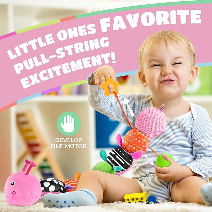Baby Toys 6-12 Months Music Caterpillar Infant Toys Stuffed Animals 0-3-6 Months Teething Tummy Time Sensory Toys with Mirror Rattle&Pull String for Boys Girls Birthday Gifts|Candy Pink,Leafy-CubbioJoy