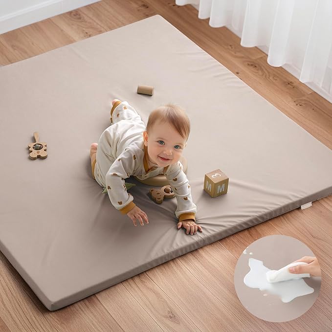 Blissful Diary Vegan Leather Baby Play Mat, 50x50 Thicken Foam Cushioned & Waterproof Playpen Mat for Infants and Toddlers, Stylish and Just Wipe-Clean Playmat for Baby Play on Floor, Taupe-CubbioJoy