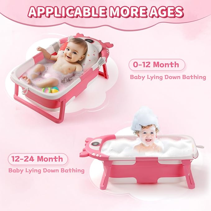 Baby Bathtub,Collapsible Baby Bath Tub with Thermometer & Soft Floating Cushion,Portable Travel Baby Bathtubs for Newborns to Toddlers 0-36 Months(Crab Green)-CubbioJoy
