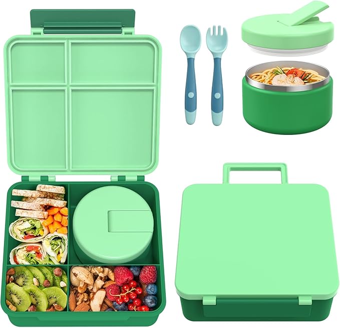 Bento Lunch Box with 8oz Soup Thermo, Kids Leakproof Lunch Food Containers with 4 Compartment, Kids Thermo Insulated Hot Food Jar for School, Trvael-Green-CubbioJoy