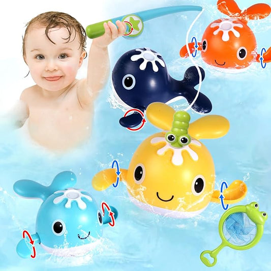 Baby Bath Toys Set, Wind Up Pool Toys for Toddlers 1-3, Kids Magnetic Fishing Toys with 1 Fishing Rod & 1 Net & 4 Brightly Colored Whales, Boys and Girls Birthday Gifts-CubbioJoy
