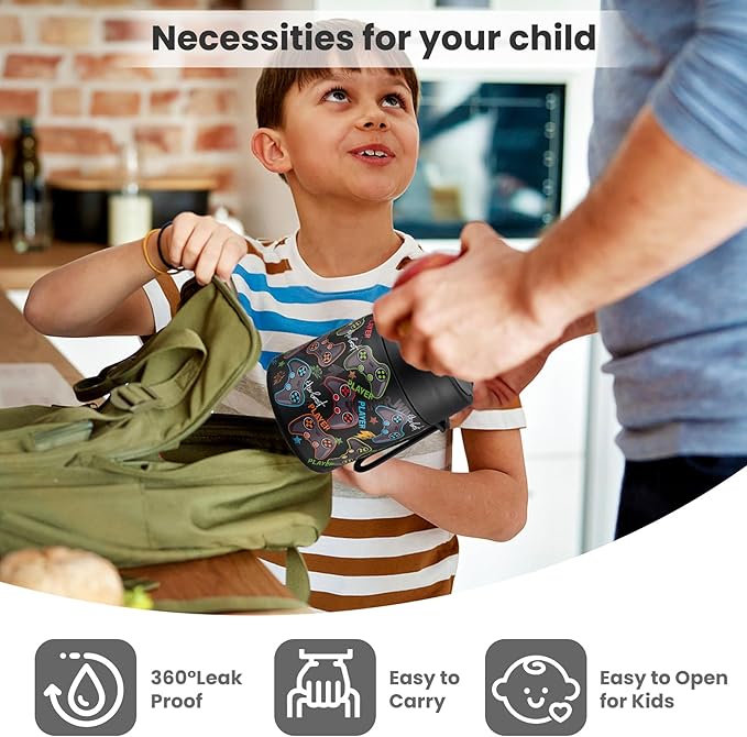 17oz Soup Thermo for Hot Food Kids,Insulated Food Jar with Spoon,Thermo Hot Food Lunch Container,Wide Mouth Leakproof Stainless Steel Lunch Box for School-Black Game-CubbioJoy