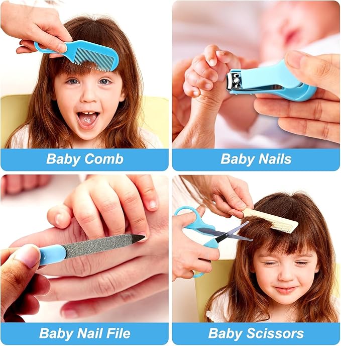 Baby Grooming Kit, Infant Safety Care Set with Hair Brush Comb Nail Clipper Nasal Aspirator,Baby Essentials Kit for Newborn Girls Boys (Blue)-CubbioJoy