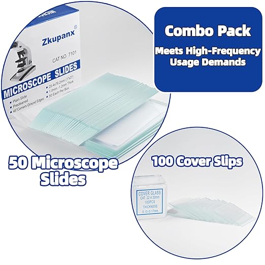 Blank Glass Microscope Slides and Covers - Ground Edges & 45° Clipped Corners, High-Clarity, Pre-Cleaned, 50 Slides & 100 Coverslips, Microscope Accessories for Experiments & Analyses-CubbioJoy