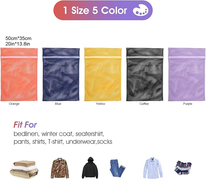 5Pcs Sturdy Mesh Laundry Bags for Delicates, Lingerie, Bras, Travel and Organzie - 5 Color(14x20 Inch)-CubbioJoy