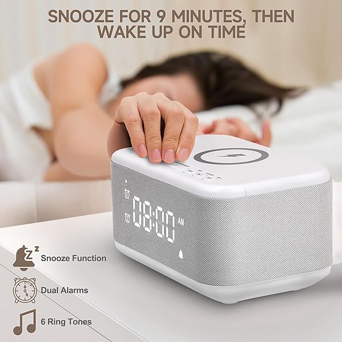 Alarm Clock Speaker Wireless Charger, Digital Alarm Clocks Bedrooms Bluetooth, Alarm Clock Dimmable Light Bedrooms Dual Alarm Snooze Dimmer 12 24H RGB Night Light Bluetooth USB AUX, White-CubbioJoy