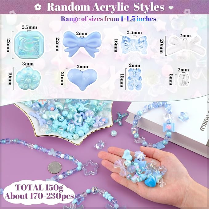 Assorted 170-230PCS Blue Acrylic Beads for Bracelet Making, Flower Bow Butterfly Candy GummyBear Aesthetic Bracelet Charms,Cute Beads for Jewelry Making DIY Necklace Keychain Phone Charm-CubbioJoy