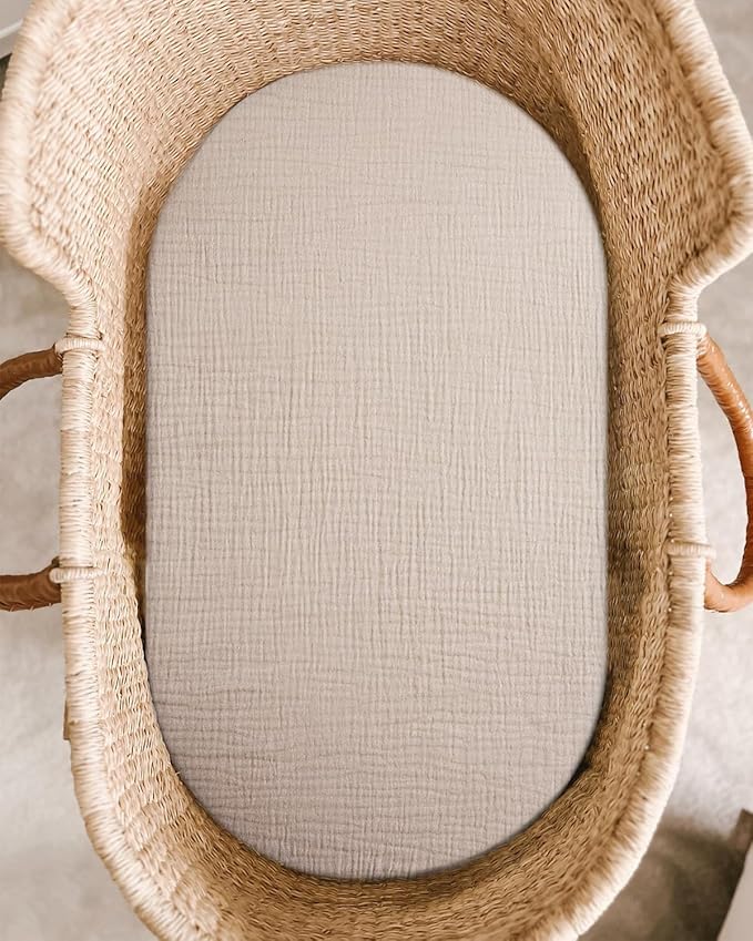 Bassinet Sheet for Baby Boy and Girl 2 Pack, Fitted Sheets for Rectangle, Oval, Hourglass Bassinet Mattress, Muslin Moses Basket Sheets with Neutral Style (Beige & Cream)-CubbioJoy