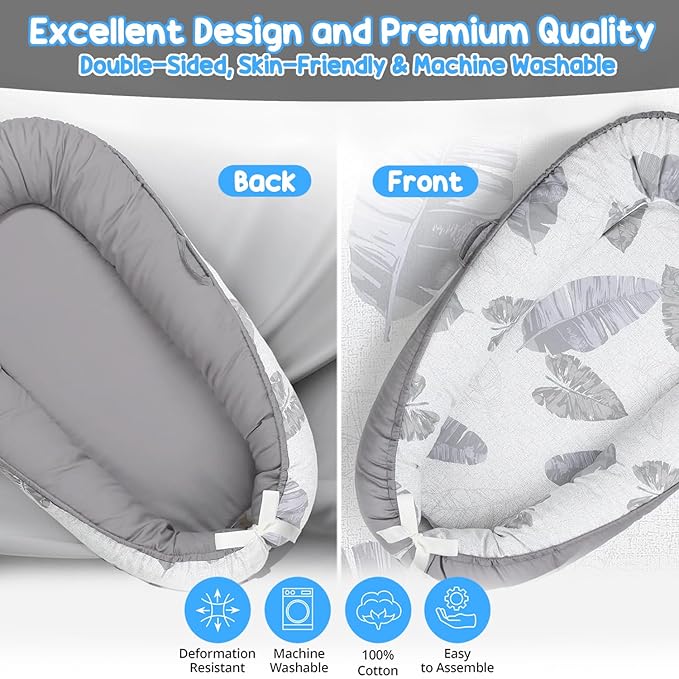 Baby Lounger - Baby Lounger for Newborn 0-24 Months, Breathable, Soft Cotton Baby Nest, Portable Infant Lounger for Home & Travel, Newborn Essentials Gift (Grey Leaf)-CubbioJoy