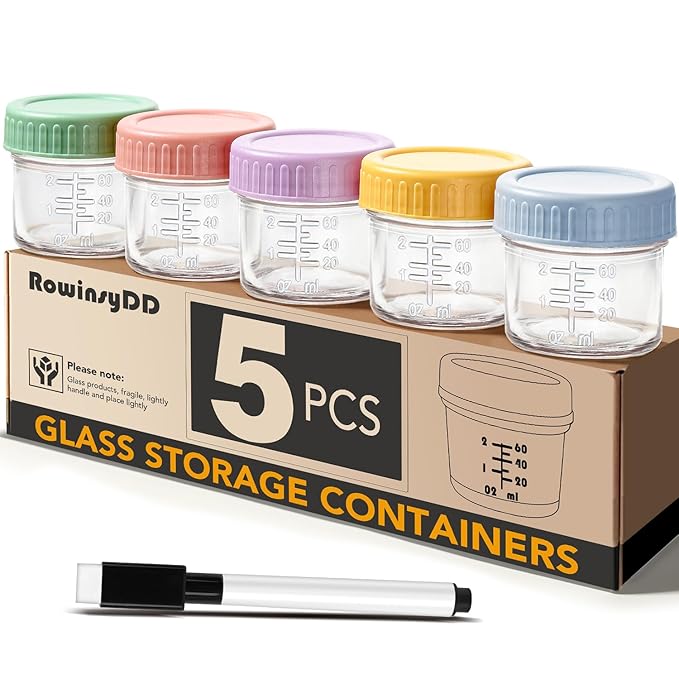 5 Pack Glass Baby Food Storage Containers, 4 oz Leakproof Baby Food Jars with Lids, Small Glass Food Containers for Infant Baby, Freezer & Microwave Safe, BPA Free-CubbioJoy
