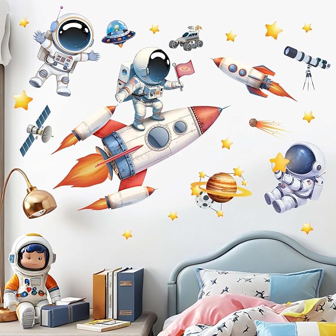 Astronaut Wall Decals - Outer Space Planets Rocket Boys Wall Stickers - Baby Nursery Kids Room Daycare Playroom Wall Decor-CubbioJoy