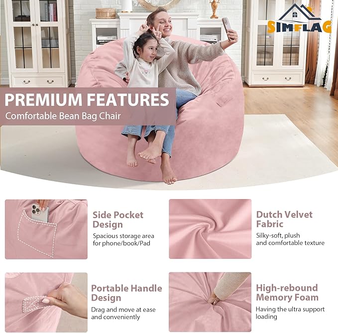 3FT Bean Bag Chair, Comfy Bean Bag Chairs with Memory Foam Filled, Fluffy Beanbag Sofa with Dutch Velvet Cover, Round BeanBag Chairs for Living Room, Playroom - Light Pink-CubbioJoy