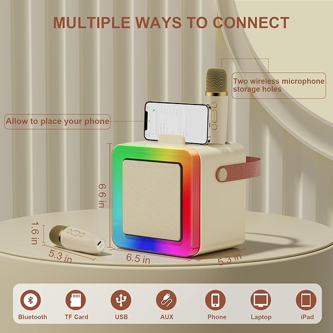 Karaoke Machine for Kids Adults, Portable Bluetooth Karaoke Speaker with 2 Wireless Microphones, Karaoke System with Mics Storage Hole and Lights, Birthday Gifts for Girls Boys Family Home Party-CubbioJoy