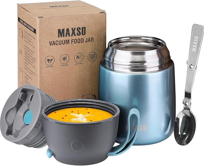 Insulated Thermo Food Jar for Hot & Cold Food for Kids Adult, 17 oz Soup Thermal Hot Food Containers for Lunch, Triple Layer Insulation Stainless Steel Food Jar with Spoon (Lightblue)-CubbioJoy