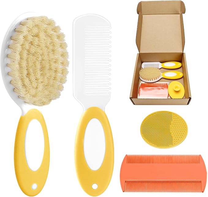 Baby Hair Brush and Comb Set, 4Pcs Baby Soft Bristles hairbrush Cradle Cap Brush Hair Comb for Newborns Toddlers Boys Girls (Yellow)-CubbioJoy