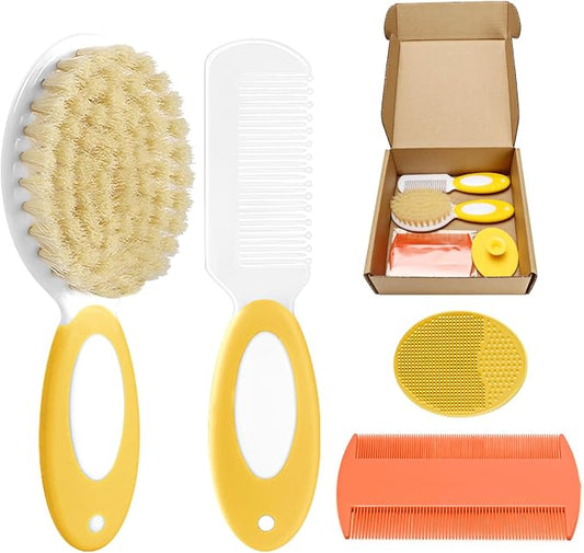Baby Hair Brush and Comb Set, 4Pcs Baby Soft Bristles hairbrush Cradle Cap Brush Hair Comb for Newborns Toddlers Boys Girls (Yellow)-CubbioJoy