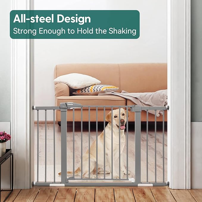 Babelio Metal Baby/Pet Gate, 29-48'' Auto Close Easy Install, Extra Wide Walk Thru for Child Safety, Pressure Mounted Dog Door for Doorways & Stairs, with Y Spindle Rods, Grey-CubbioJoy