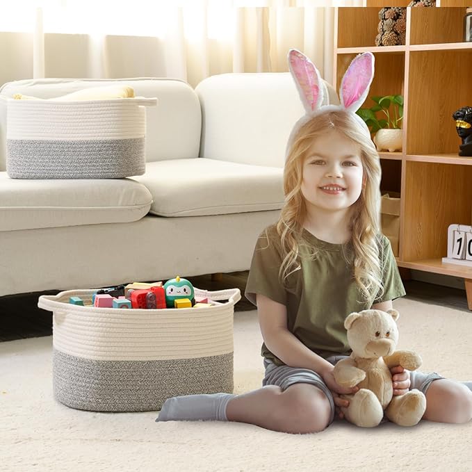 Cotton Rope Woven Storage Basket, Used for Baby Hamper Toy Organizer, Gift Baskets Empty,Kids Laundry Basket,Baby Blanket Basket. Size 15x10x8.7 Inches. (White&Grey-3PCS)-CubbioJoy