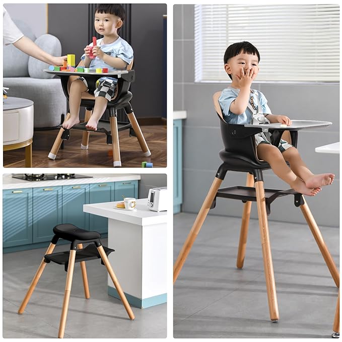 Baby High Chair, 6 in 1 Wooden Convertible High Chairs for Babies and Toddlers, Booster Seat with Double Tray & Reversible Footrest, 5-Point Harness Infants Feeding Seat, Black-CubbioJoy