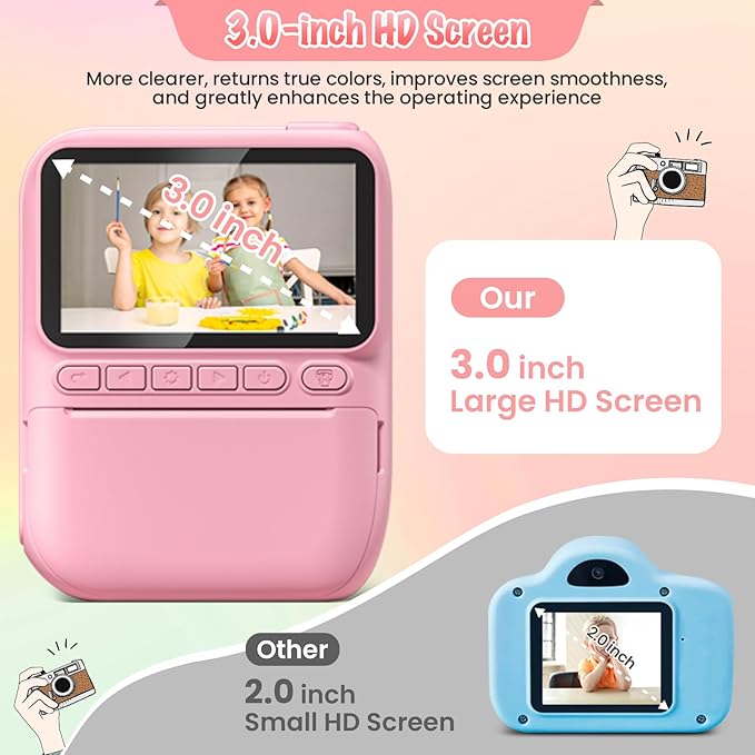 Instant Print Camera for Kids, 3.0" HD 32MP Kids Camera 1080P with 3 Rolls of Printer Paper, Birthday Gifts Toy for 3-12 Year Old Girls Boys with 32GB SD Card-Pink-CubbioJoy