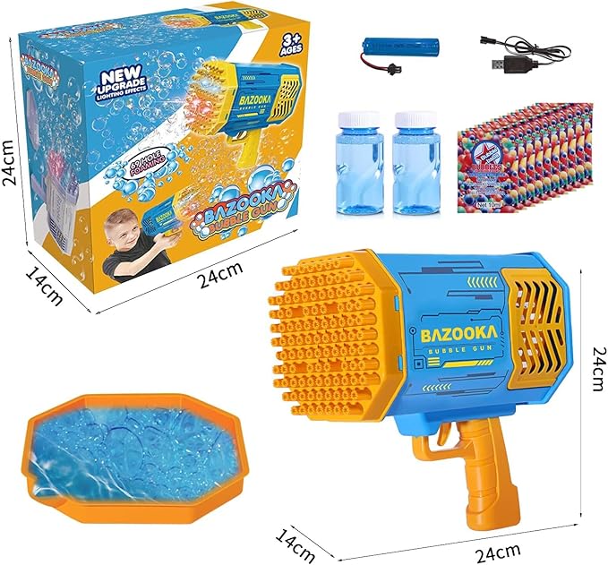 Bubble Gun Bazooka Machine with Solution - 69 Holes Blaster for Outdoor Summer Toy, Party Favors - Blue Bubble Maker Blowers for Kids-CubbioJoy