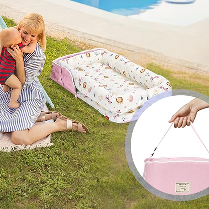 Baby Lounger for Newborn Portable Bag,Baby Nest Play Gym mat with Strap,Newborn Lounger Adjustable Size & Inner Zipper Lengthen Space to 24 Months(Pink Polka Dots)-CubbioJoy