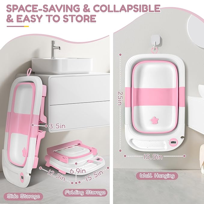 Collapsible Baby Bathtub,Baby Bath Tub with Thermometer & Soft Cushion,Baby Bathtub for Newborn to Toddler 0-36 Months,Portable Travel Baby Tub with No-Slip Feet,Baby Shower Gifts,Pink-CubbioJoy