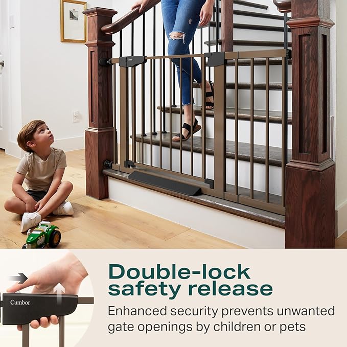 Cumbor 2 Pack 29.7-46" Baby Gate for Stairs, Mom's Choice Awards Winner-Auto Close Dog Gate for doorways, Easy Install Pressure Mounted Pet Gates indoor, Easy Walk Thru Wide Safety Gate for Dog, Brown-CubbioJoy