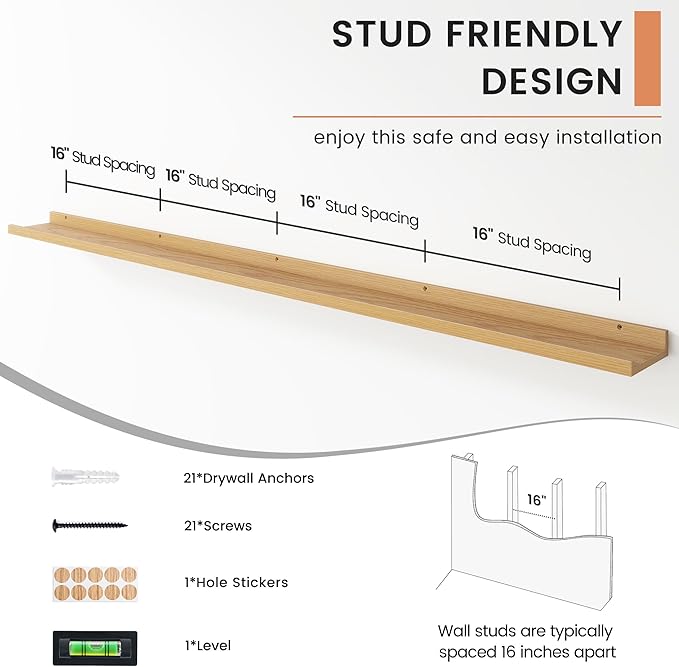 4-Pack 72 Inch Wall Mounted Floating Picture Ledge Shelves, Modern Oak Style, Perfect for Displaying Photos, Books, Collectibles, and More-CubbioJoy