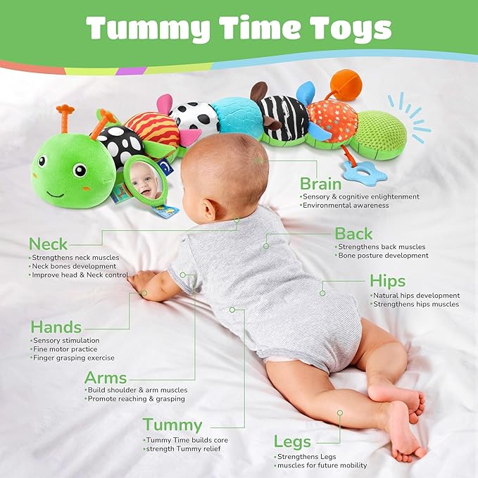 Baby Toys 6-12 Months Music Caterpillar Infant Toys Stuffed Animals 0-3-6 Months Tummy Time Teething Sensory Toys with Mirror Rattle&Pull String for Boys Girls Birthday Gifts|Grass Green,Leafy-CubbioJoy
